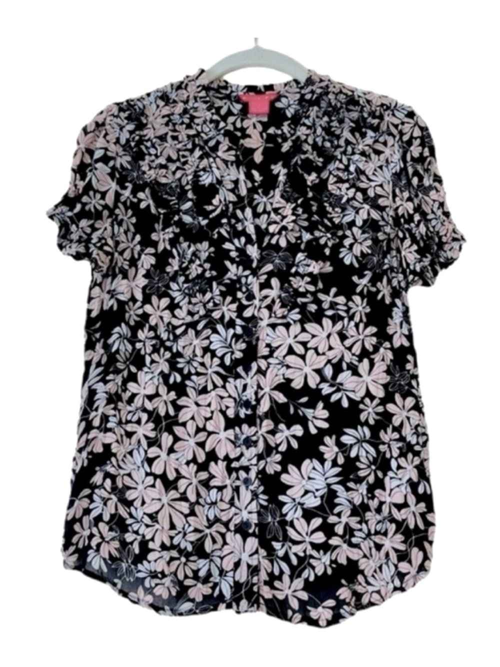 Vintage Sunny Leigh Puff Sleeve Blouse Button Down Floral Black Pink Size S